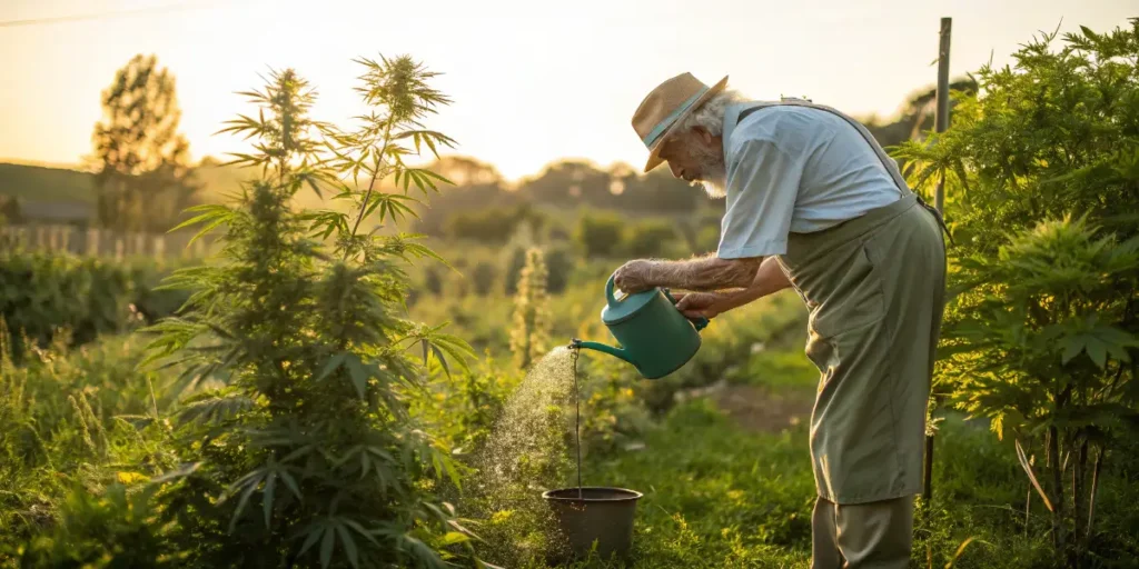 Cannabis for Lupus concept with elderly man watering plants in garden at sunset
