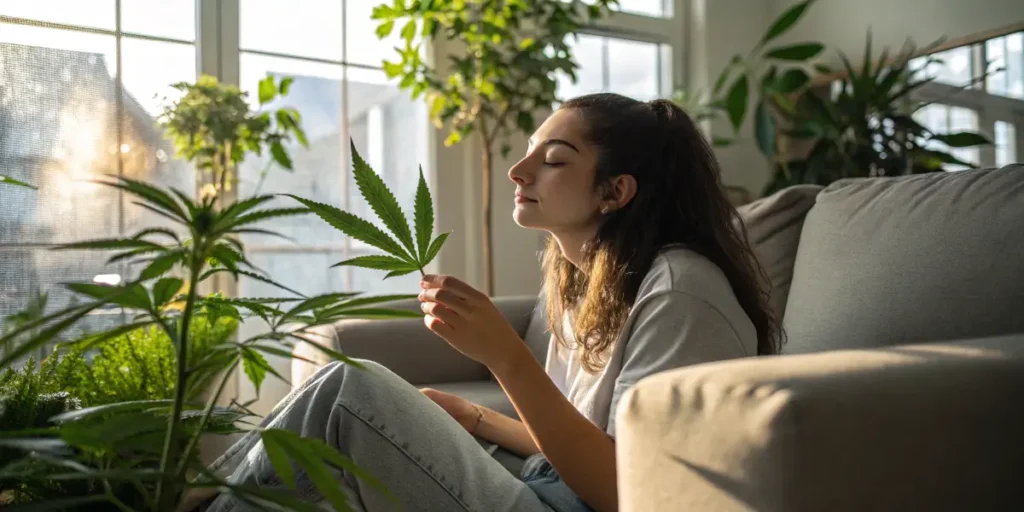 Woman smelling cannabis leaf near window for Cannabis for Lupus wellness theme