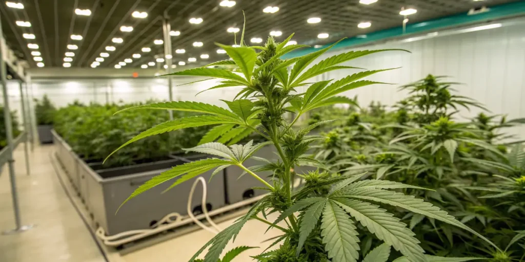 Woman holding cannabis leaf indoors representing Cannabis for Nausea relief