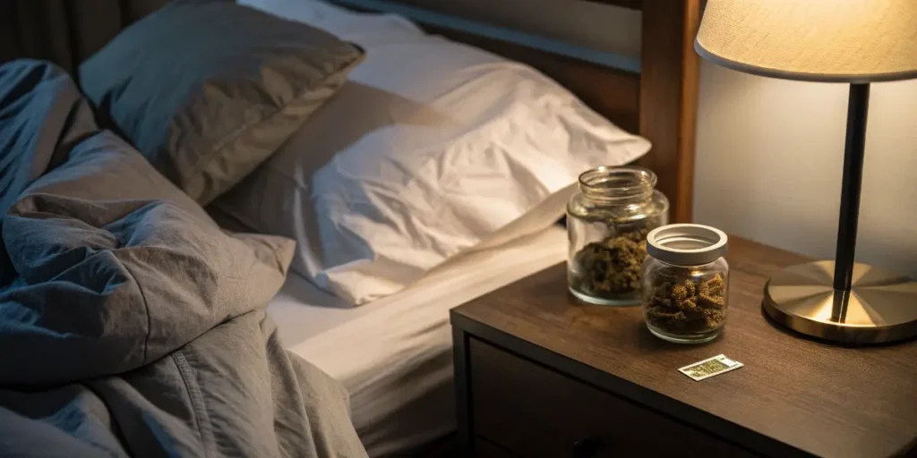 Cannabis jars on nightstand in cozy bedroom symbolizing Cannabis for Sleep