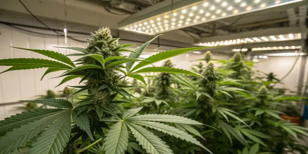 Cannabis for Sleep concept with mature flowering plant under LED grow lights