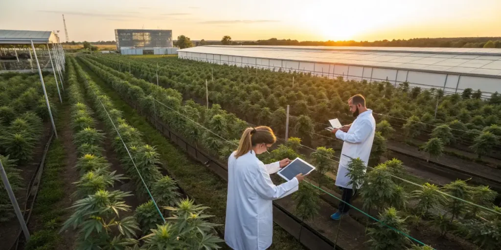 Researchers analyzing cannabis plants in large cultivation field