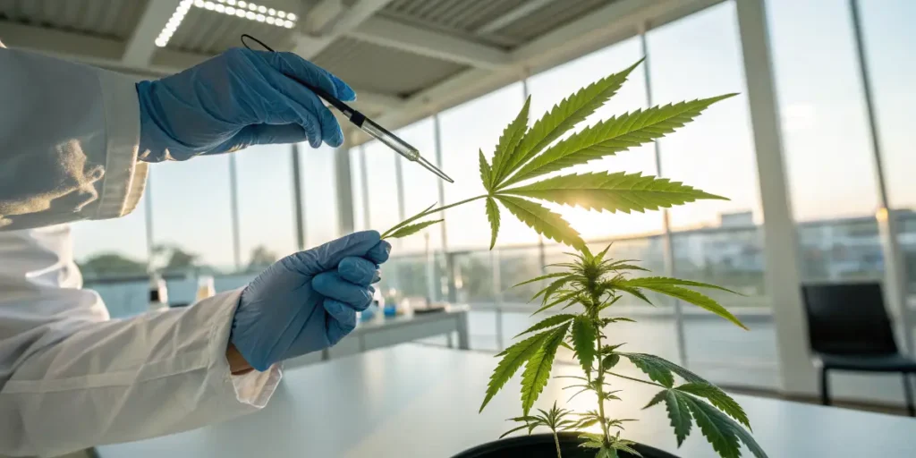 Scientist examining cannabis plant sample for genetic research