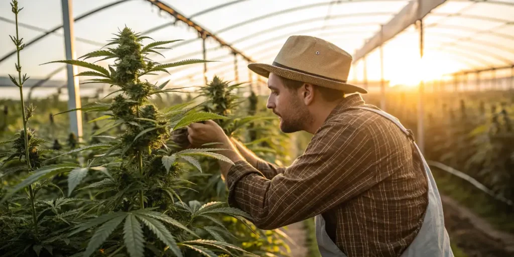 rows of cannabis plants growing in large greenhouse facility
