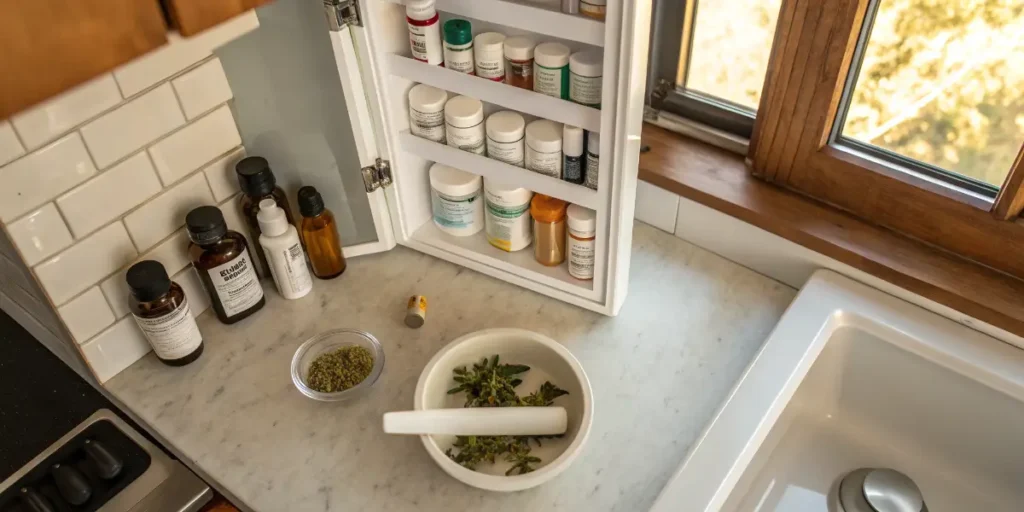Cannabis buds and herbal medicine prepared on kitchen counter