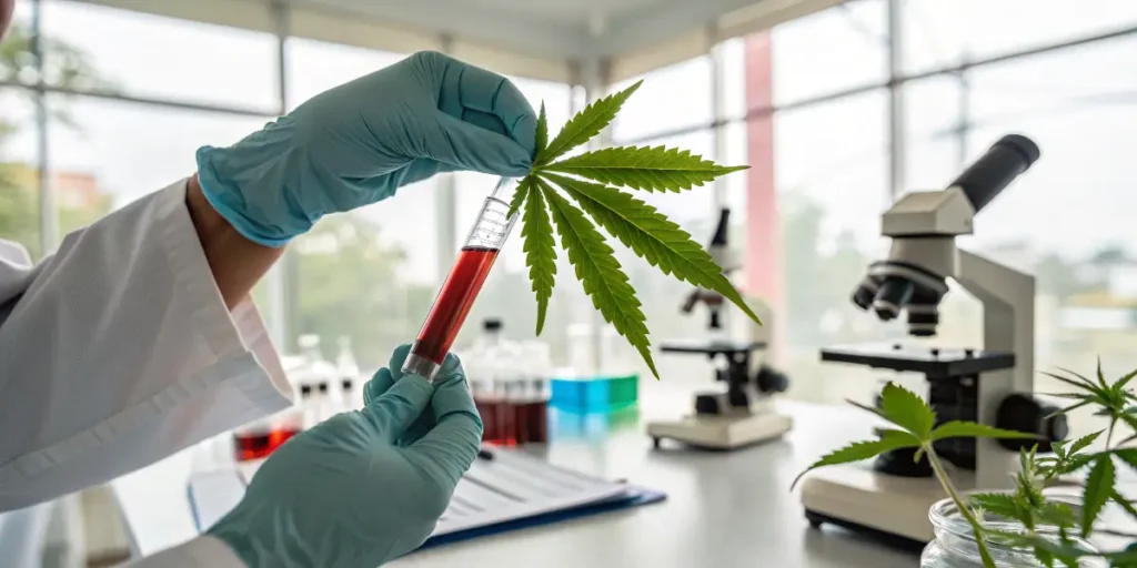 Scientist analyzing cannabis leaf with test tube in laboratory