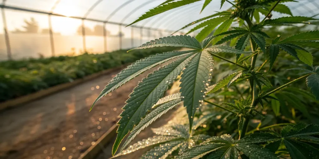 cannabis plant growing in greenhouse with sunlight