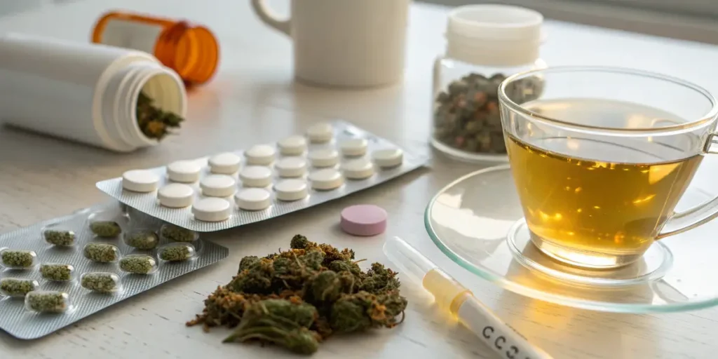 Cannabis buds, capsules, and herbal tea placed next to prescription medication