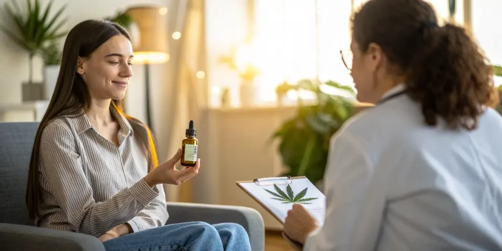 Woman discussing cannabis oil with healthcare professional