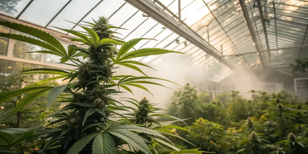 flowering cannabis plant growing inside sunlit greenhouse