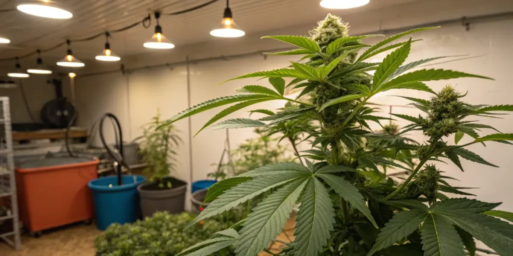 Massage and Cannabis concept with flowering plants growing under indoor LED lights