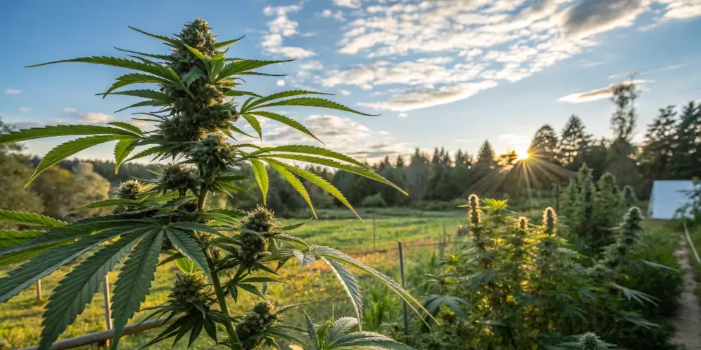 cannabis plant covered with frost in outdoor winter field