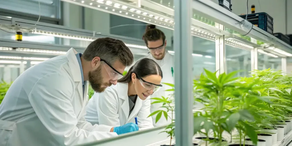 scientists studying cannabis plants in modern research laboratory