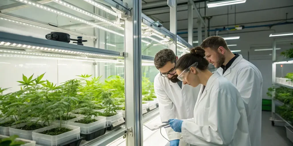 scientists researching cannabis plants in laboratory for mental health studies