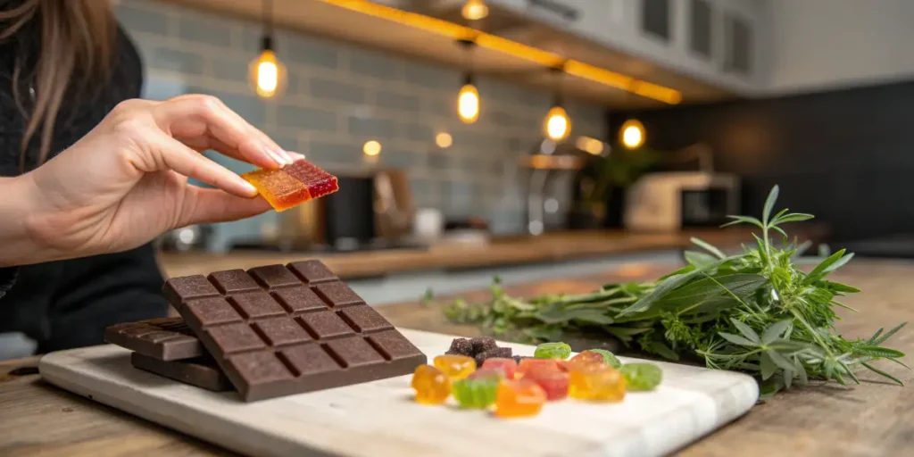 Hand holding CBD gummy next to chocolate and cannabis leaves