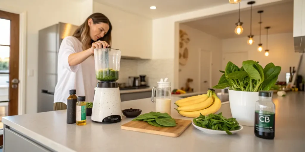 Woman preparing smoothie with CBD oil and healthy ingredients