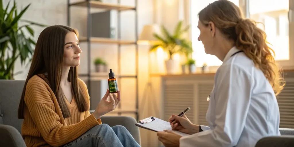 Woman discussing CBD oil product with healthcare professional