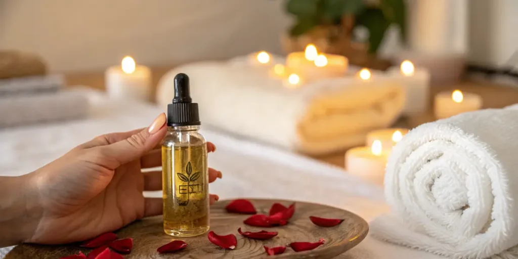 CBD massage oil bottle in a relaxing spa setting with candles
