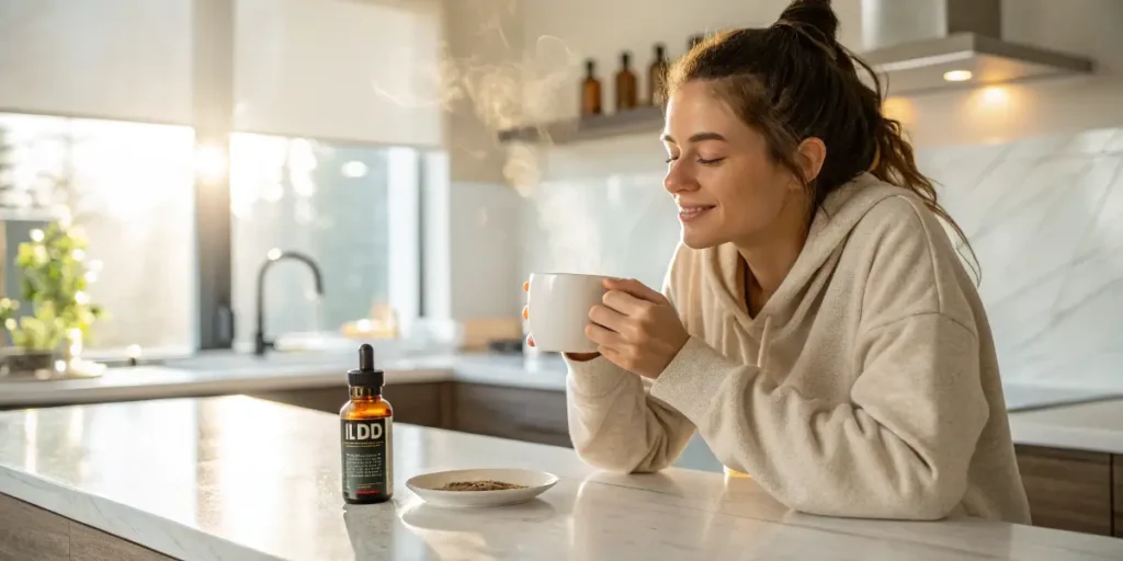 CBD oil bottle on kitchen counter with woman drinking tea