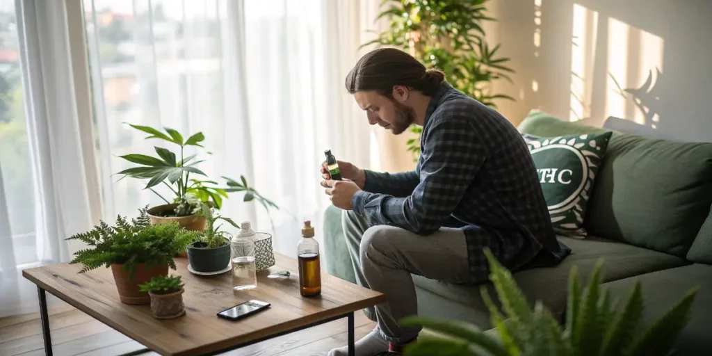 Man sitting on couch examining CBD oil bottle at home