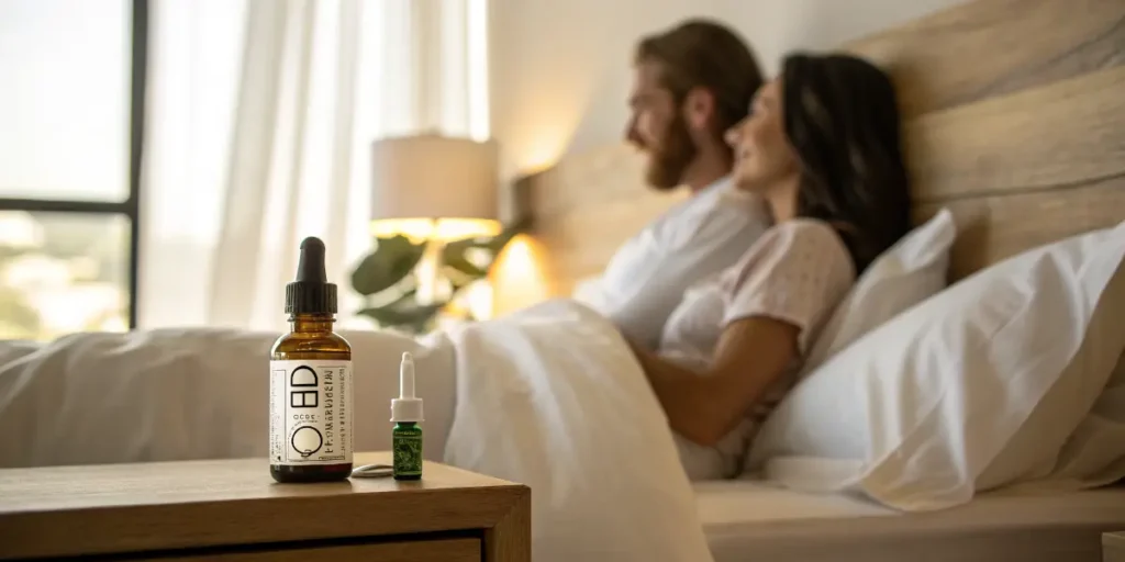 CBD oil bottle on bedside table with couple relaxing in bed