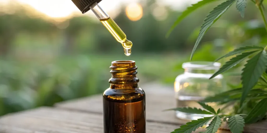 CBD oil dropper releasing oil into a glass bottle with cannabis leaf nearby
