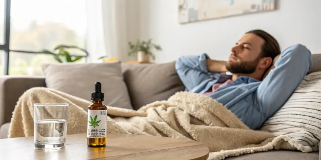 CBD oil bottle on table with man relaxing on couch during hangover recovery