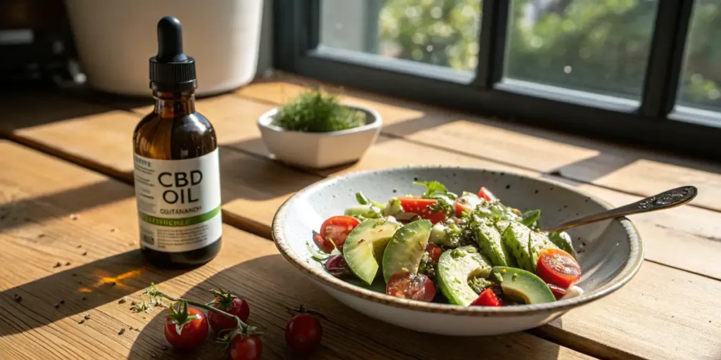 CBD oil bottle next to avocado salad keto meal