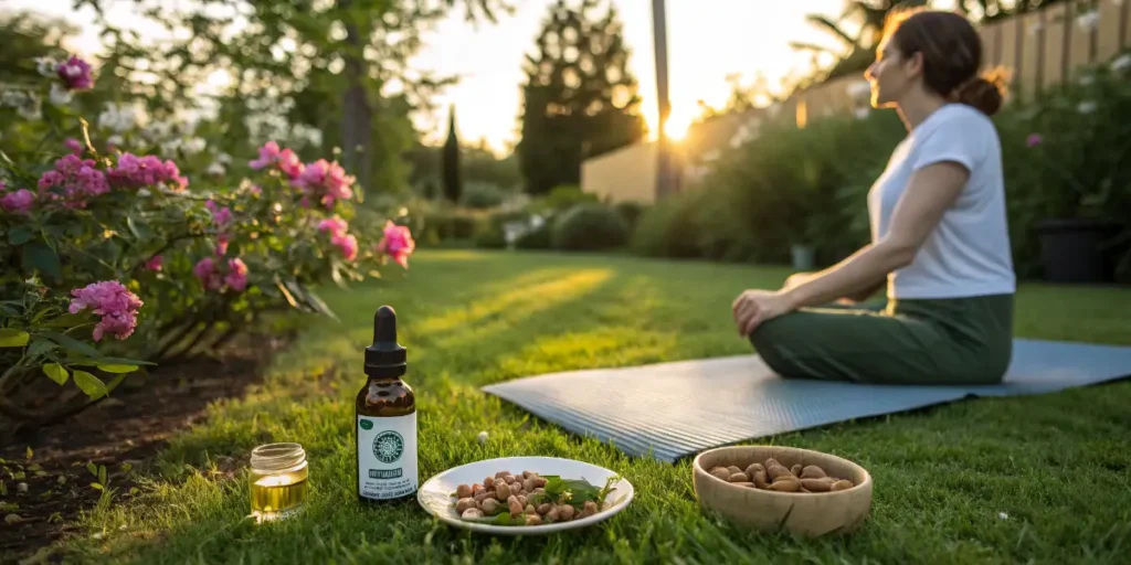 CBD oil and keto-friendly foods next to woman meditating outdoors