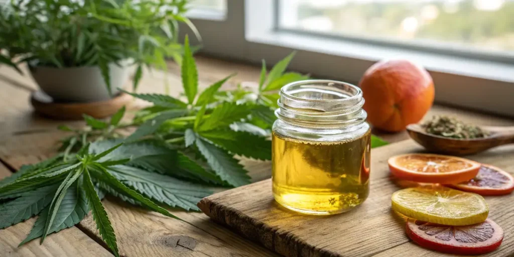 CBD oil jar with cannabis leaves and fruit ingredients
