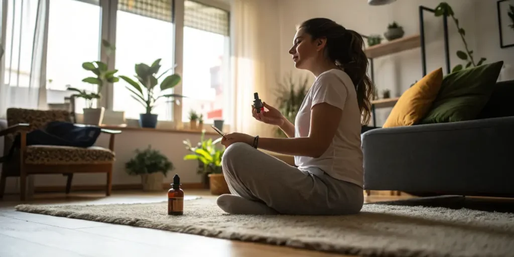 woman sitting on floor using cbd oil dropper in living room