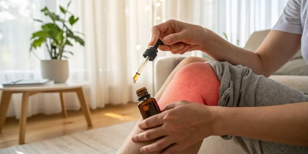 Applying CBD oil dropper to knee for joint pain relief