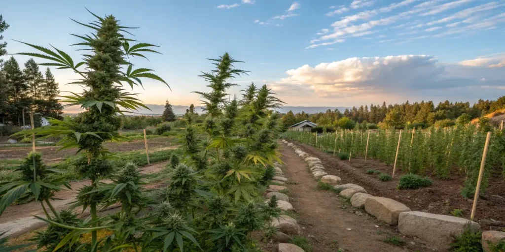 outdoor cannabis plants growing in organized farm rows at sunset