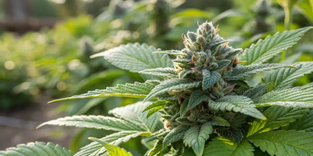 close up of cannabis bud with trichomes in outdoor grow