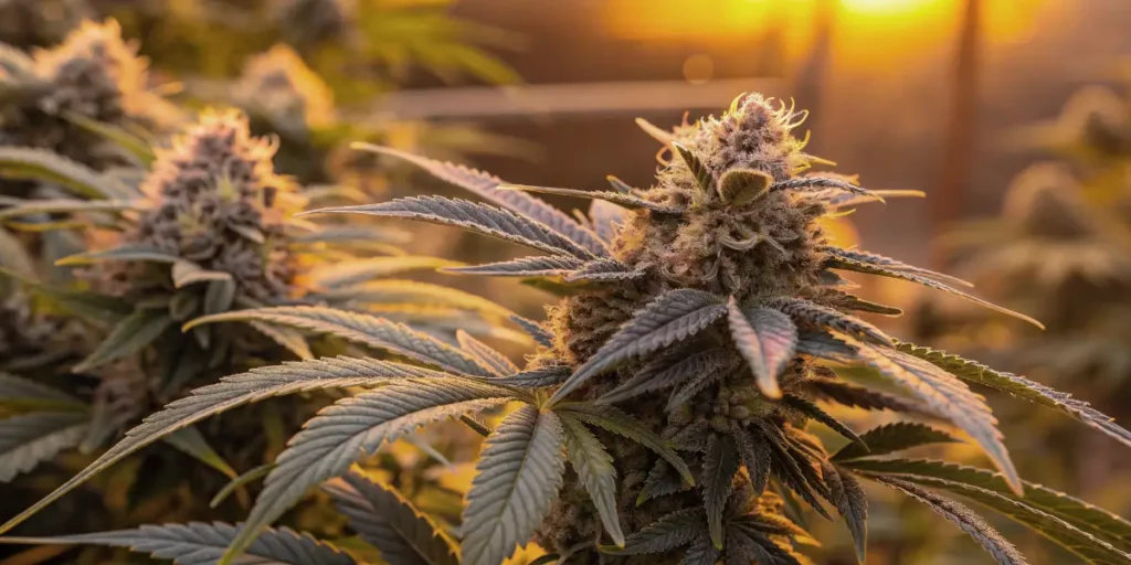 Gorilla G4 Fast Blooming cola forming thick crystal-covered buds at sunset.