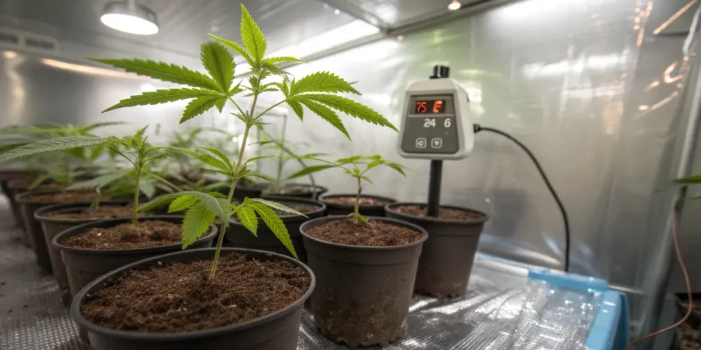 Gorilla G4 Fast Blooming young plants in pots beside a digital climate monitor.