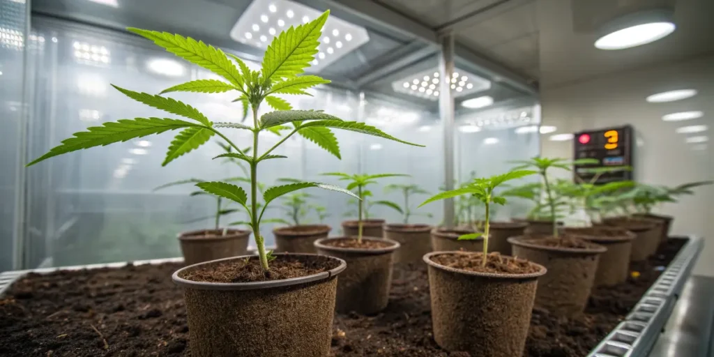 Gorilla G4 Fast Blooming seedlings growing in small pots under bright LED lights.