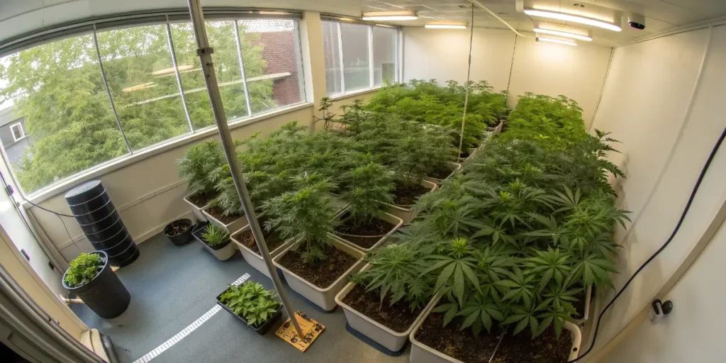 Homegrown and Dispensary cannabis buds displayed on wooden table in sunlight