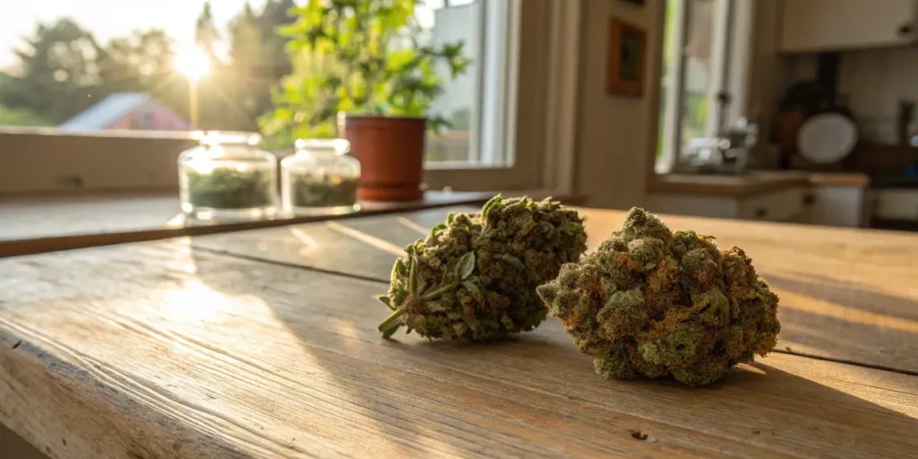 Homegrown and Dispensary style cannabis plants in rows under indoor lighting