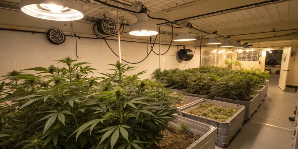 Hydroponics System setup with rows of cannabis plants under ceiling LED panels