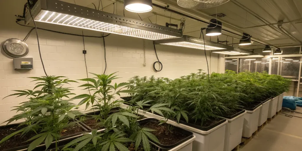 Hydroponics System cannabis plants growing in white containers under LED lights