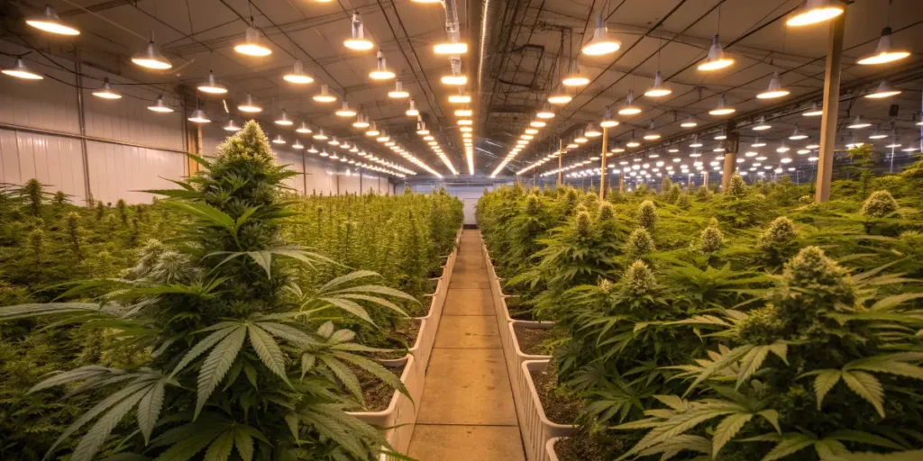 large indoor cannabis grow facility with rows of plants under lights