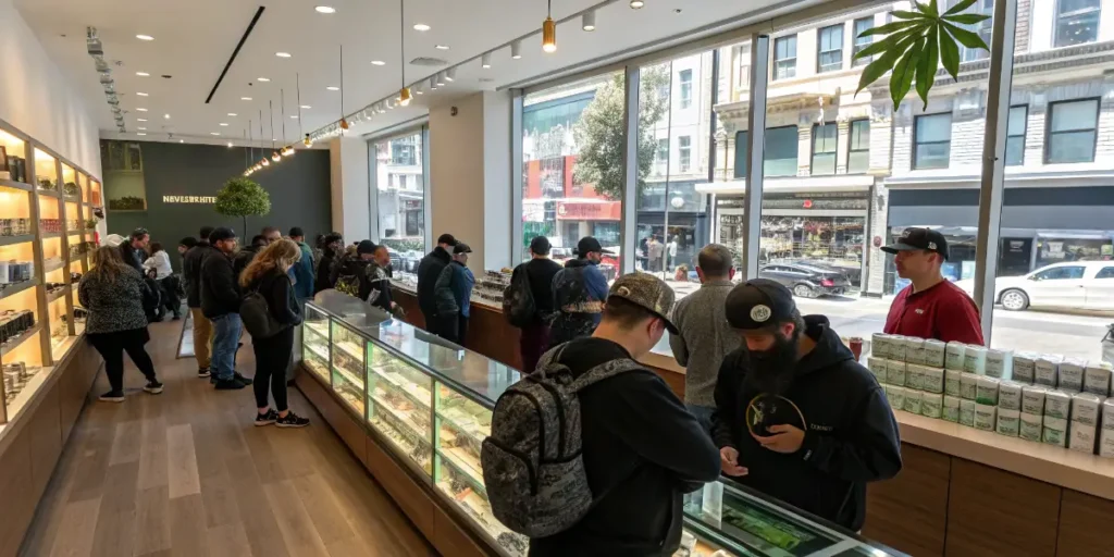 people shopping in a legal cannabis dispensary with product displays