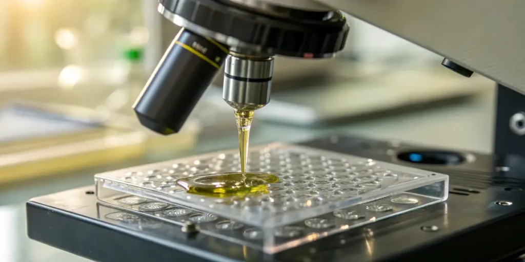 Liposomal CBD oil being analyzed under microscope