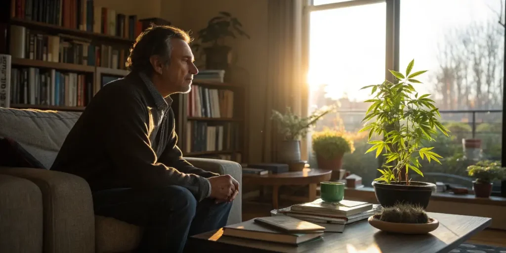 man sitting in living room looking at cannabis plant by window