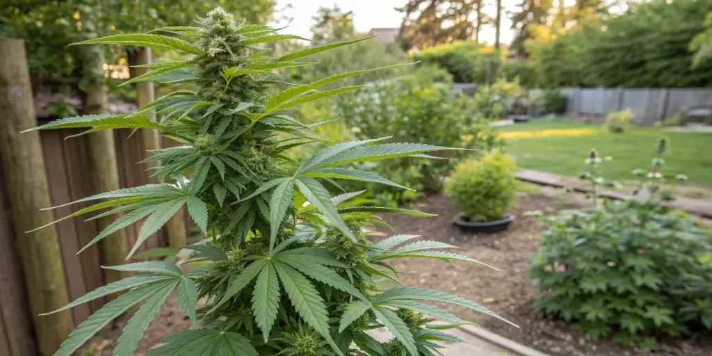 Mimosa Cake Auto cannabis plant growing outdoors in a backyard garden with green lawn
