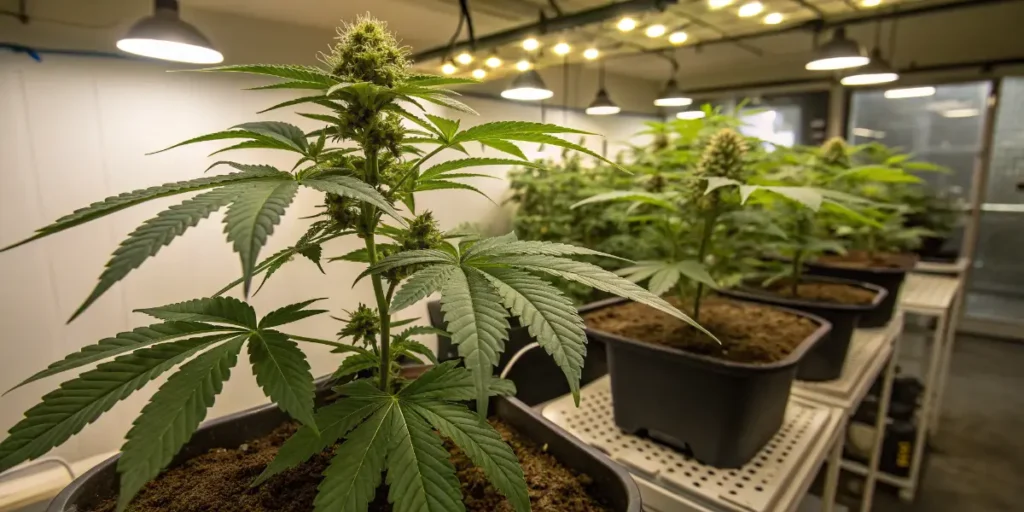 Mimosa Cake Auto cannabis plant flowering indoors under LED grow lights in black pots