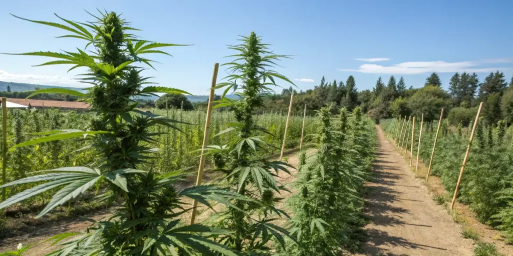 mint cannabis strains growing outdoors in a cool climate farm with mountain surroundings