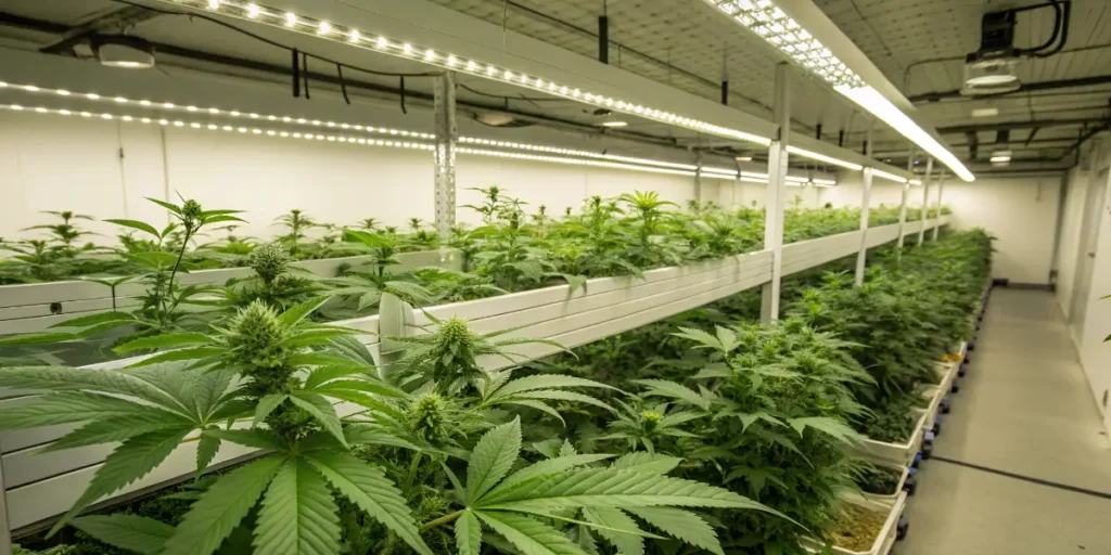 mint cannabis strains grown outdoors in organized rows with support stakes