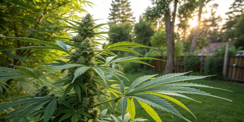 mint weed strain cannabis plant with buds growing outdoors